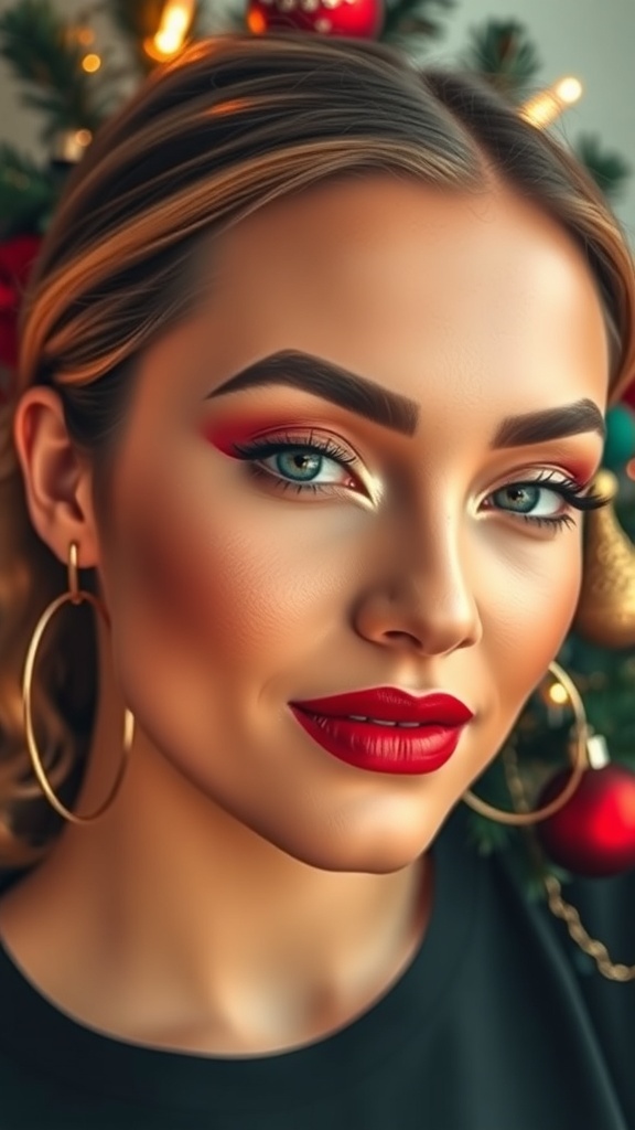 Festive Christmas makeup look with warm tones, shimmering eyeshadow, and bold red lips against a holiday backdrop.